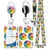 Juego de tarjetas con impresión de arcoíris de PVC, con forma de girasol, fácil de levantar, con pegamento de aleación de zinc negro y cara sonriente, cordón desmontable de poliéster.