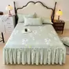 Falda de cama de una sola pieza de algodón cepillado estilo coreano, estilo simple, color sólido, universal para todas las estaciones, amigable con la piel, algodón puro, cubierta de cama antideslizante, juego de tres piezas
