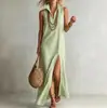 Sitio web independiente transfronterizo: Nueva colección primavera/verano de vestidos maxi de algodón y lino para mujer, a rayas, con cuello mao, sin mangas y con detalle de abertura, para los mercados europeo y americano