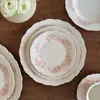 Platos de cerámica rosa de hortensia de estilo francés y soñador, cuencos de cerámica, vajilla de cerámica, tazas de café y platillos, platos de postre, platos de servir, platos hondos