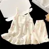 Conjunto de Camisola de Algodón Puro para Niñas de Verano, Pijama Fino para Casa, Pantalones Cortos y Camiseta sin Mangas para Niñas, Ropa para Aire Acondicionado