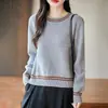 Elegante suéter de punto grueso con bloques de color, 100% algodón puro para mujer, nueva colección otoño/invierno, cálida capa base de manga larga