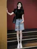 Shorts Jeans de Cintura Alta Plus Size para Mulheres 2025 Novo Popular Verão Finos Bordados Personalizados Petite Comprimento do Joelho para Mulheres