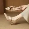 Zapatos de tacón alto de punta fina, tela tejida de moda, para mujer, nuevo estilo primavera y otoño, moño pequeño, versátiles, corte bajo, tacón de gatito, zapatos de vestir