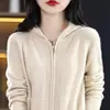 Cardigã de malha com zíper e capuz feminino de manga longa versátil 2024 Primavera e Outono Novo casaco suéter solto top da moda