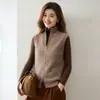 Nova Chegada de Outono Colete de Zíper Canelado Sem Mangas 12 Fios 35% Cashmere 65% Lã Versátil Quente Tricô Feminino