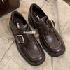 Versão Couro Vaca 2026 Estilo Estudante de Música~A-Miu Bico Quadrado Tira com Fivela Salto Grosso Slip-On Couro Genuíno Mocassins Femininos