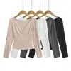 26120-26 Outono Estilo Coreano Garota Popular Gola Cruzada Elástico Slim Fit Liso Simples Afinando Manga Longa Pulôver Camiseta Top