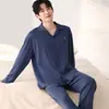 Pijama atacado de manga longa e calça longa para mulheres, novo tecido de algodão stretch de outono, cardigã masculino com gola de lapela, roupa para casa para casais