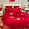 Conjunto de quatro peças para casamento, 100% algodão, vermelho vivo, para camas de noivos, incluindo lençóis e fronhas de edredom, alta qualidade, algodão puro, perfeito para o quarto de recém-casados