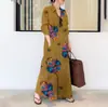 Destaque 2024 Algodão e Linho Estampado Gola Lapela Manga Longa Bolso Simples Solto Literário Casual Vestido Camisa Longo