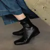 Botas finas elásticas com zíper traseiro, bico quadrado, em couro legítimo para mulheres, botas de tornozelo vintage emagrecedoras com salto baixo grosso, tamanhos 34-42