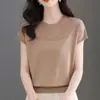 Camiseta de Verão Solta com Gola Redonda, Fina, Vazada, Manga Curta, Feminina, Cobertura, Top de Tricô Solto Emagrecedor Elegante Moda Top