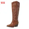 Nuevos Zapatos de Mujer para Otoño/Invierno 2026 en Stock para Tiendas Independientes de Wish y Amazon: Botas de Cuero de Caña Alta Bordadas para Mujer con Tacón Grueso