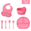 Baberos, Platos, Cubiertos, Cucharas y Tenedores de Silicona para Bebés Transfronterizos, Impermeables y Suaves, Adecuados para Bebés de 10 a 72 Meses, Juego