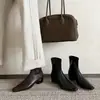 Botines elásticos de piel de oveja para mujer con agarre texturizado, botas de ajuste ceñido, nuevo estilo otoño e invierno, punta cuadrada, tacón medio grueso, cremallera lateral, botines para mujer