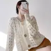 Cardigã curto de tricô feminino com design vazado, novo estilo primavera/outono, super fofo e estiloso para baixinhas