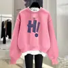 Primavera, Otoño e Invierno 2025 Nueva Sudadera Pulóver de Estilo Americano con Estampado de Letras, Holgada, Falso Dos Piezas, Cuello Semi-Alto para Mujer, Engrosada con Forro Polar, Longitud Media