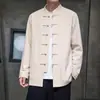 Outono 2026 Estilo Chinês Masculino Algodão Linho Gola Alta Botão Rã Jaqueta Novo Estilo Chinês Casual Cor Sólida Manga Longa Jaqueta Camisa