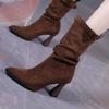 Botas Elegantes de Bico Fino com Fivela, Salto Alto, Meio da Panturrilha para Mulheres, Inverno 2026, Novas Botas Khaki com Pregas, de Calçar, Salto Agulha
