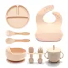 Atacado transfronteiriço louça infantil tigela complementar prato de silicone garfo colher de bebê babador conjunto de 8 peças de produtos anti-queda para maternidade e infância