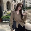 Chaqueta suéter simple de cuello en V y manga larga para mujer, engrosada para primavera y otoño, top corto que ciñe la cintura, capa interior con cintura ceñida, cárdigan de punto