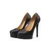 Sapatos Femininos Sexys de Couro Genuíno com Salto Ultra Alto de 14cm e Plataforma Grossa, Estilo Comércio Exterior, Salto Fino, Bico Redondo, Salto Altíssimo, Boca Rasa, para Pessoas Baixinhas