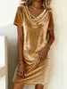 Moda Amazon Outono e Inverno 2025 Cruzamento de Fronteiras Feminino Novo Cor Sólida Gola Franzida Manga Curta Veludo Sexy Vestido para Mulheres