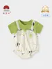 Ropa de Bebé de Algodón de Seda Helada Estilo Nuevo de Verano, Mameluco de Manga Corta con Diseño de Panda de Dos Piezas Falsas, Moderno para Salidas