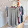 Suave y Ceroso Cómodo Delgado Tejido Variado Camiseta de Manga Corta para Mujer Verano Holgado Cuello Redondo Dobladillo Curvo Casual Top de Media Manga