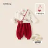Conjunto Chinês Infantil com Blusa de Botões Étnica e Calça Jogger Lisa, Conjunto de Duas Peças para Meninos e Meninas, Roupa de Ano Novo