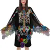 Vestido de Fiesta de Halloween Disfraz de Encaje Calavera Capa Día de Muertos Capa para Mujer Estante de Huesos Impresión Digital Chal