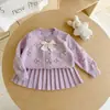 Conjunto de Vestido Suéter de Tricô com Renda para Meninas Primavera Outono Bebê Doce Cardigã com Laço Conjunto de Duas Peças Atacado