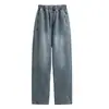 Foto real de pantalones vaqueros de pierna ancha estilo americano para mujer, adelgazantes, holgados, con caída, temporada de primavera, talla grande, tiro alto, dobladillo curvo, pantalones largos hasta el suelo