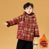 Casaco de Lã Infantil com Capuz Xadrez Festivo para Meninos e Meninas Botões de Chifre Estilosos Roupas de Outono/Inverno Ano Novo