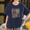 Blusas de Algodón y Lino con Estampado Retro para Mujer, Cuello Redondo Holgado, Manga Media, Camisetas Casuales y Versátiles