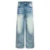 Calça jeans destroyed com lavagem diagonal de bigode, calça de cintura alta larga e solta, calça jeans de ganga com caimento fluido e tingimento degradê até o chão
