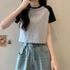 Camiseta de Algodão Retrô com Bloqueio de Cores, Manga Curta, Slim Fit, Curta, Estampa de Caranguejo com Cinco Painéis, Gola Redonda, Nova para Verão, Menina Doce Picante, Top para Exportação
