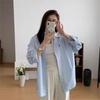 Top Camisa Azul Casual Holgada 2024 Estilo Coreano Recién Llegado Para Combinar Bordado Manga Larga Chaqueta Camisera Ins