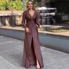 Vestido Longo Elegante de Cor Sólida com Ajuste na Cintura, Novo para Outono de 2025, Europeu e Americano, Transfronteiriço, Amazon