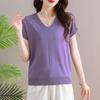 Camiseta de Verano 2026 para Mamá Nueva, Cuello en V, Manga Corta, Top Delgado de Seda Artificial, Blusa Holgada Elegante de Tejido de Seda Helada para Mujer