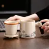 Taza de oficina con esmalte craquelado de horno Ru, con mango de madera, diseño antiquemaduras, con tapa, separación de té y agua, adecuada para la oficina, el hogar y uso personal