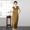 Vestido Sencillo de Cuello en V con Textura Plisada de Ácido Acético Vintage con Abertura Lateral Elegante Suelto de Satén Sin Mangas Falda para Verano