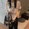 Camiseta de Manga Corta con Estampado de Oso de Dibujos Animados Estilo High Street Americano para Mujer, Verano Algodón Puro Básica Versátil Holgada de Media Manga Moderna