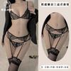 Lencería sexy de fin de temporada para mujer encaje archivo abierto gratis traje sexy liguero medias medias de red conjunto de tres piezas para el cabello