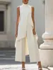 Moda Europeia 2026 Novo Estilo Para Ir ao Trabalho Emagrecedor Design Irregular Gola Alta Sem Mangas Camadas Calça Wide-Leg Conjunto de Duas Peças Feminino