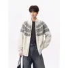 Suéter de tricô com jacquard de outono Fair Isle, estilo casual vintage, cardigã com zíper, casaco masculino com gola alta dupla, caimento solto