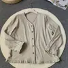 Abrigo de cáñamo para mujer de primavera y otoño, cárdigan suelto de un solo botón, cuello en V, cómodo y transpirable, borde con volantes, adecuado para ir al trabajo y para estar en casa