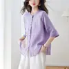 Camisa de Ramio Bordada Morada para Mujer de Cinco Mangas Estilo Nuevo Verano 2026 Estilo Nacional Chino Nuevo Camisa Superior de Cuello Redondo