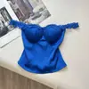 Top de encaje sexy vintage strapless azul de tiras con escote en V para mujer
